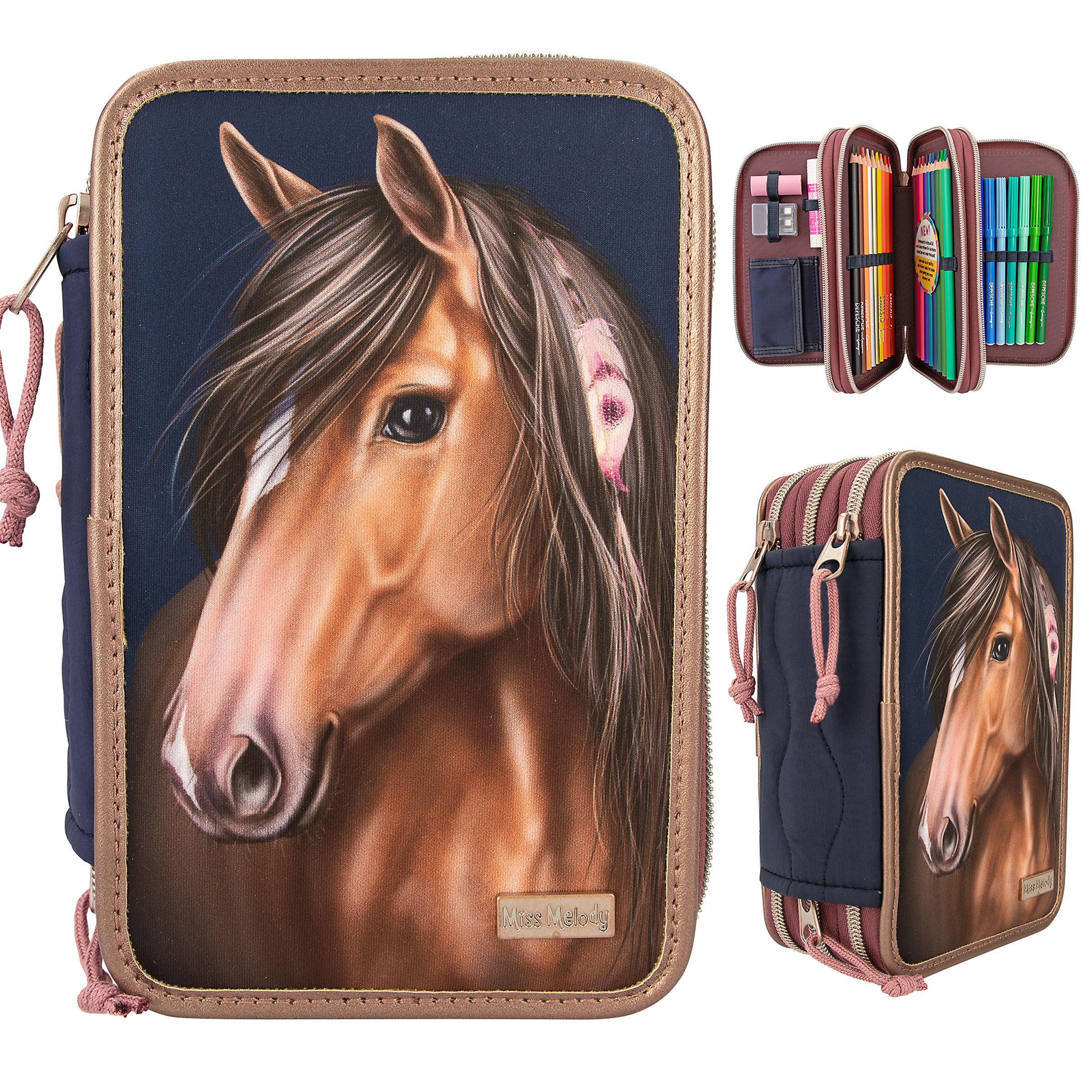 Miss Melody 3-fach Federtasche mit Stepp Night Horses 12510